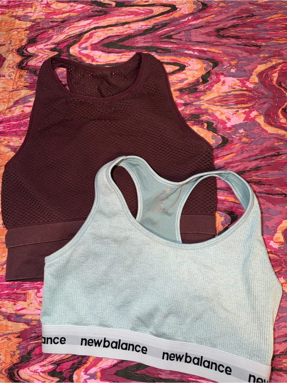 New Balance Light Blue Sports Bra with Maroon Mesh Crop Tank